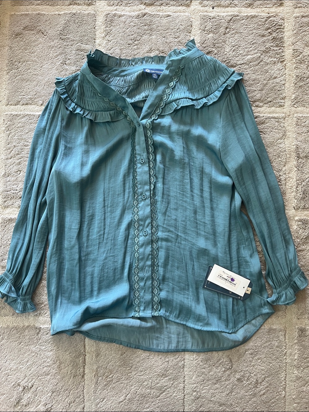 Democracy Teal Ruffle-Trim Button Front Long Sleeve Blouse